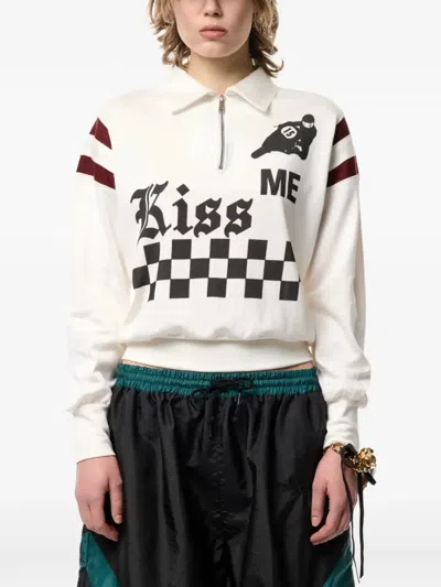 Vaquera Kiss Me Graphic-print Zip-up Sweater In White