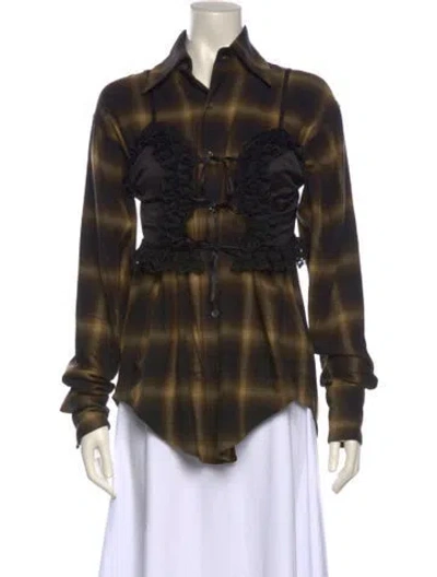 Pre-owned Vaquera Plaid Print Long Sleeve Button-up Top In Green