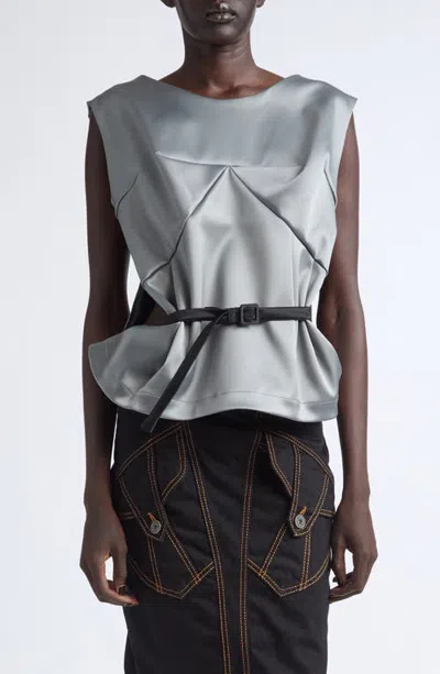 Vaquera Satin Belted Peplum Top In Silver
