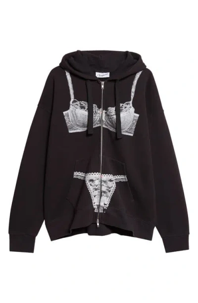 Vaquera Trompe L'oeil Lingerie Oversize Full Zip Hoodie In Black