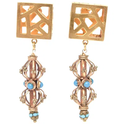 Pre-owned Varga Vintage Sculptural Cage And Square Dangle Clip On Earrings By  1980's In Brown
