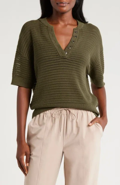 Varley Callie Sheer Knit Cotton Top In Dark Olive