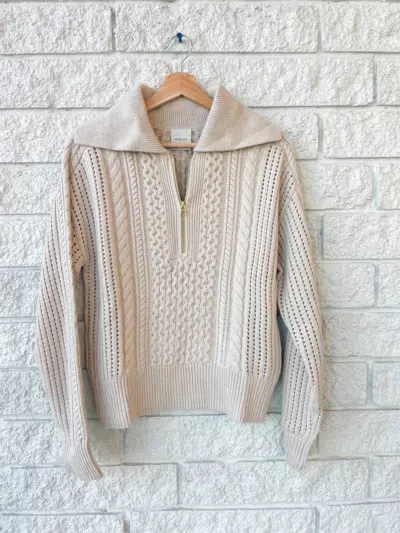 Varley Camello Relaxed Cable Half Zip In Parchment