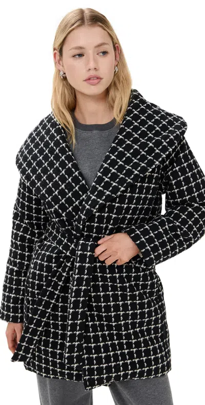 Varley Milla Belted Padded Checked Wool-blend Jacket In Black Mono Check