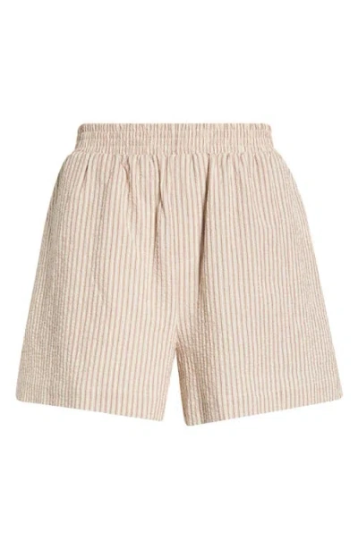Varley Darina Stripe Stretch Cotton Seersucker Shorts In Brown