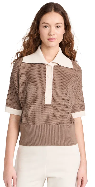 Varley Finch Knit Polo Taupe Stone/whitecap In Beige