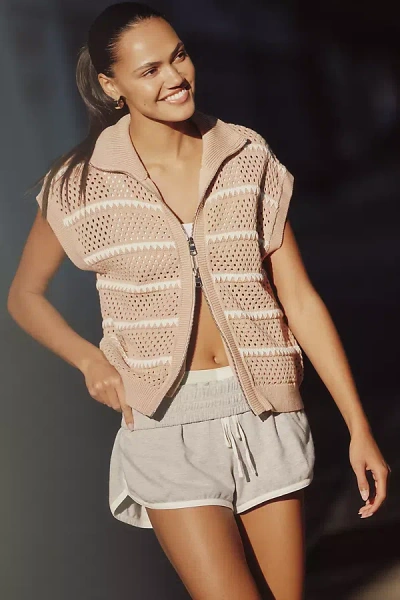 Varley Haney Short-sleeve Zip-front Cardigan Top In Sand