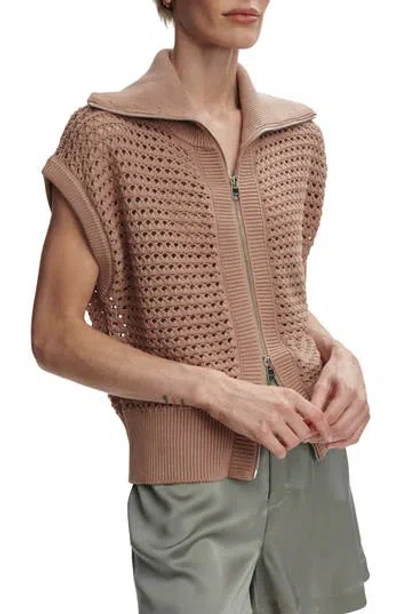 Varley Liliana Open Stitch Short Sleeve Zip-up Cardigan In Brown