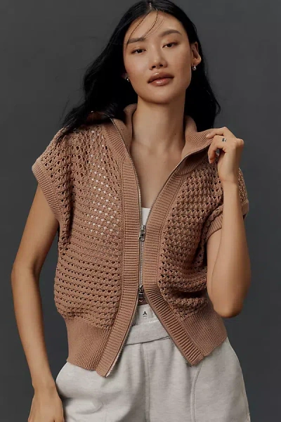 Varley Liliana Short-sleeve Front-zip Knit Top In Brown
