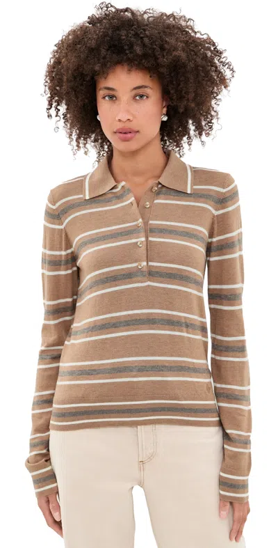 Varley Mayra Stripe Knit Polo Top Camel In Neutral