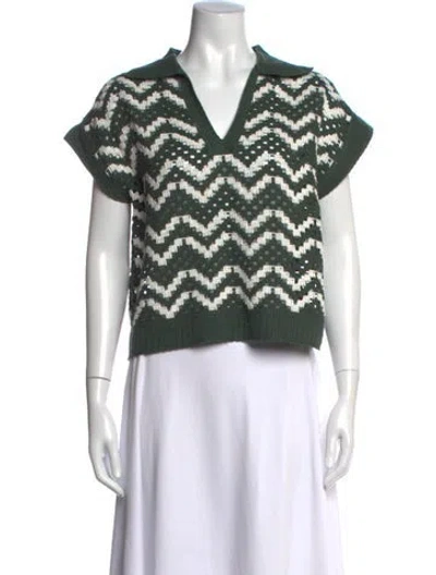 Pre-owned Varley Patterned Plunge Neckline Sweater In Green