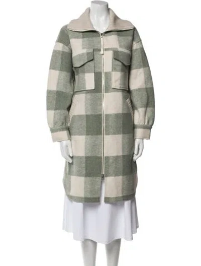 Pre-owned Varley Plaid Print Faux Fur Coat In Green