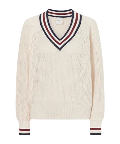 Varley Striped V-neck Loose Knit Sweater In White