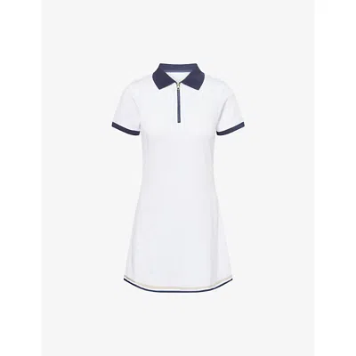 VARLEY WOMENS VALENTINA COURT SHORT-SLEEVE COTTON-BLEND MINI DRESS WHITE/ BLUE NIGHTS