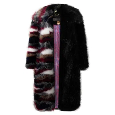 Vaseghia Women's Black / Red Ormerod Long Black Pattern Vegan Faux Fur Coat In Black/red