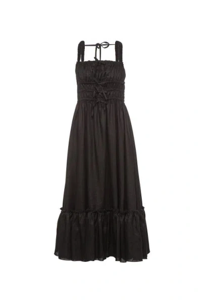 Vasiliki Amara Ruched Midi Linen Dress In Black