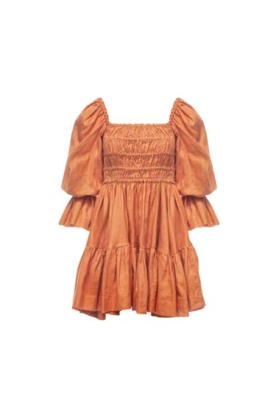 Vasiliki Amelia Ruched Mini Linen Dress In Orange