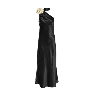 Vasiliki Atelier Women's Black Portia One-sleeve Dress Noir With Crystallised Floral Cream Corsage