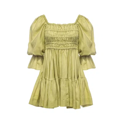 Vasiliki Atelier Women's Green Amelia Ruched Mini Linen Dress In Lime Cream