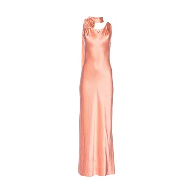 Vasiliki Atelier Women's Neutrals Luna Silk Bias Cut Dress Gown With Floral Corsage Peach Nectar In Orange