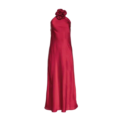 Vasiliki Belle Halter Neck Silky Dress With Crystallised Floral Corsage In Red