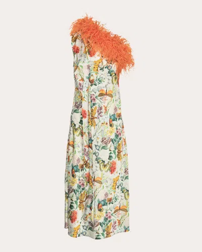 Vasiliki Women's Imaani Asymmetric Feather-trimmed Printed Satin Dress In Smoke Grey