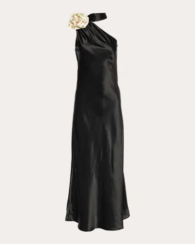 Vasiliki Portia Asymmetric Maxi Dress Noir With Crystallized Corsage In Coal