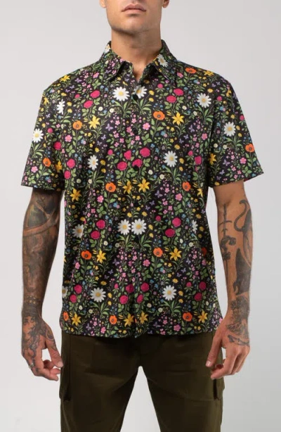 Vast Aqua Terra Scritti Politti Floral Tech Short Sleeve Performance Button-up Shirt In Multi