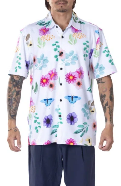 Vast Floral Watercolor Short Sleeve Performance Button-up Shirt In Fuchsia Multi