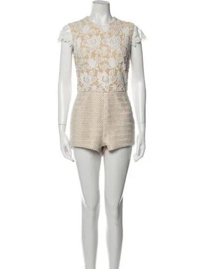 Pre-owned Vatanika Lace Pattern Crew Neck Romper In White