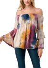 Vava Lola Double Bell Sleeve Top In Teal/mustard Tie Dye In Multi