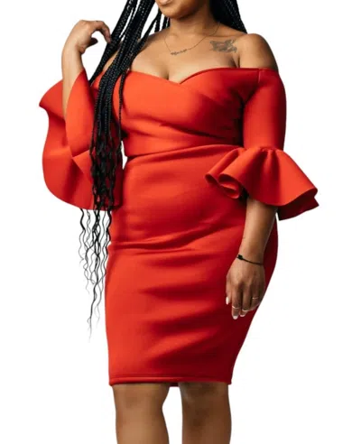 Vavavoom Off The Shoulder 3/4 Midi Dress In Red