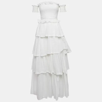 Pre-owned V.chapman White Cotton Fil Coupe Tiered Angelina Belted Gown Xs