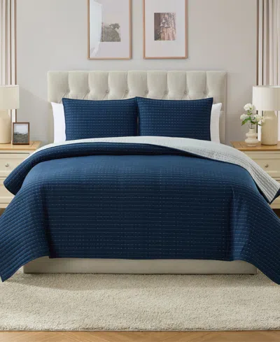 Vcny Home Embroidered Pick Stitch Microfiber 3-pc. Quilt Set, King In Blue