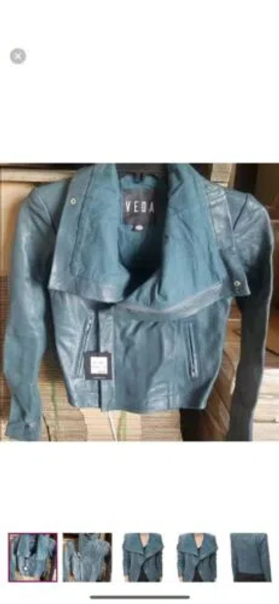 Pre-owned Veda Classic Leather Teal Moto Jacket Size Small Msrp $898 In Green