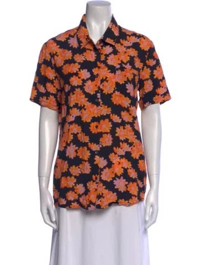 Pre-owned Veda Floral Print Short Sleeve Button-up Top In Orange