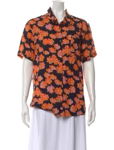 Pre-owned Veda Floral Print Short Sleeve Button-up Top In Orange