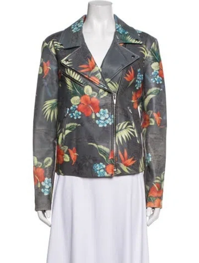 Pre-owned Veda Lamb Leather Floral Print Biker Jacket In Multicolor