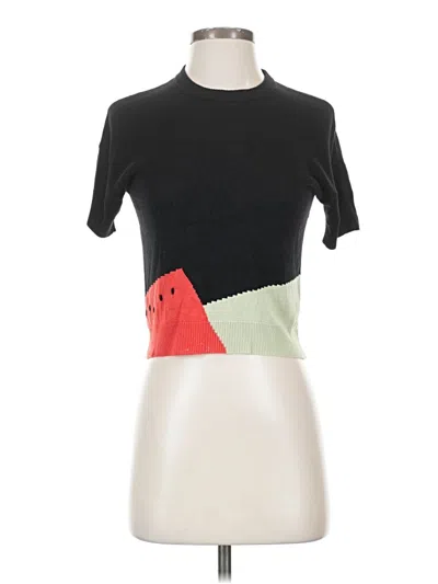 Pre-owned Veda Short Sleeve Top Black Color Block Pattern Mock Neckline Tops