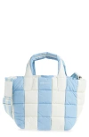 Veecollective Small Porter Colorblock Recycled Nylon Tote In Cerulean - Marshmallow Stripes