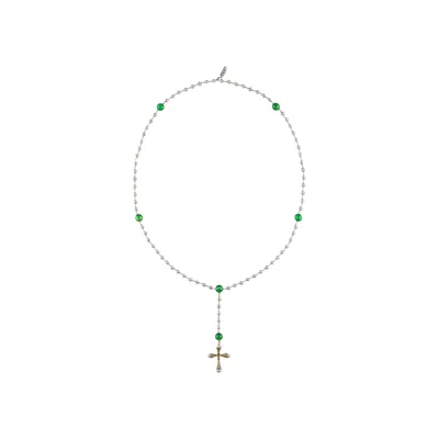 Pre-owned Veert Freshwater Pearl Green Onyx And Peridot Rosary Necklace 'yellow Gold' | Men's Size Onesize