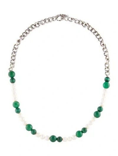 Pre-owned Veert Pearl, Malachite, & Dyed Chalcedony Cuban Link Necklace, 20" In Multi