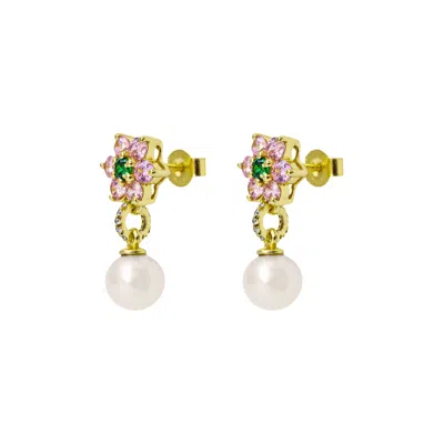 Pre-owned Veert Pink & Green Flower Freshwater Pearl Earring Pair 'yellow Gold' | Men's Size Onesize