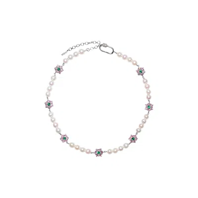 Pre-owned Veert Pink & Green Flower Stone Freshwater Pearl Necklace 'yellow Gold' | Men's Size Onesize