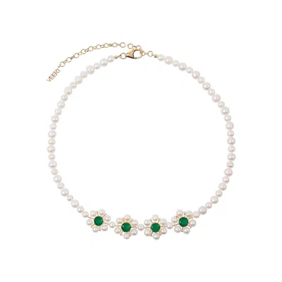 Pre-owned Veert The Four Flower Pearl Necklace 'yellow Gold/pearl/green Onyx'