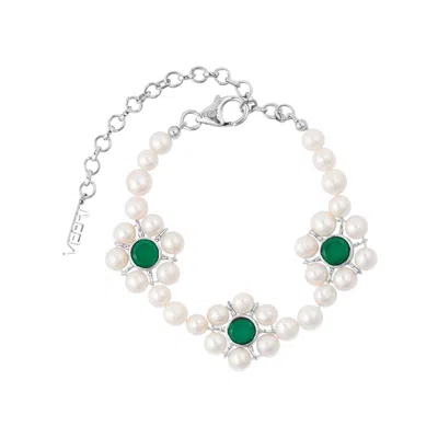 Pre-owned Veert The Trio Flower Pearl Bracelet 'white Gold/pearl/green Onyx' | Men's Size Onesize