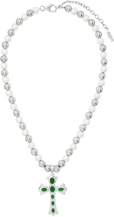 Veert White Gold & White 'the Green Cross Freshwater Pearl' Necklace