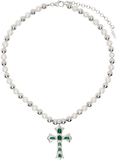Veert White Gold 'the Green Cross Freshwater Pearl' Necklace In White Gold/green