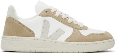 Veja Beige & White V-10 Leather Sneakers In White/natural/sahara