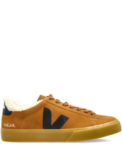 Veja Beige Suede Low-top Sneakers With Contrasting Black Accents In Brown